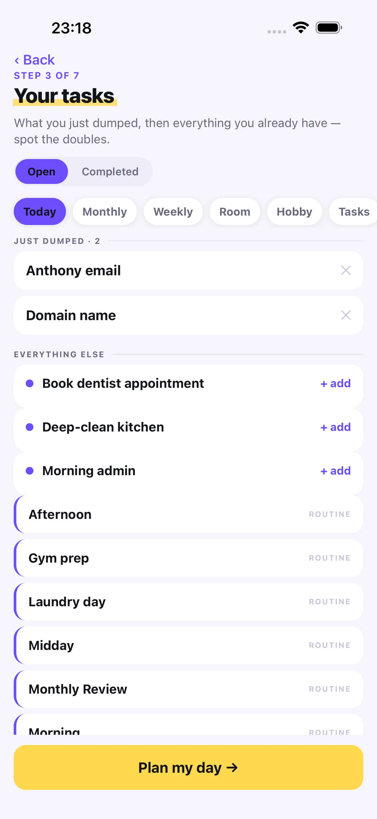 Plan-Kit step 3, “Your tasks”: Open and Completed tabs, then the dumped tasks and the existing pool underneath.