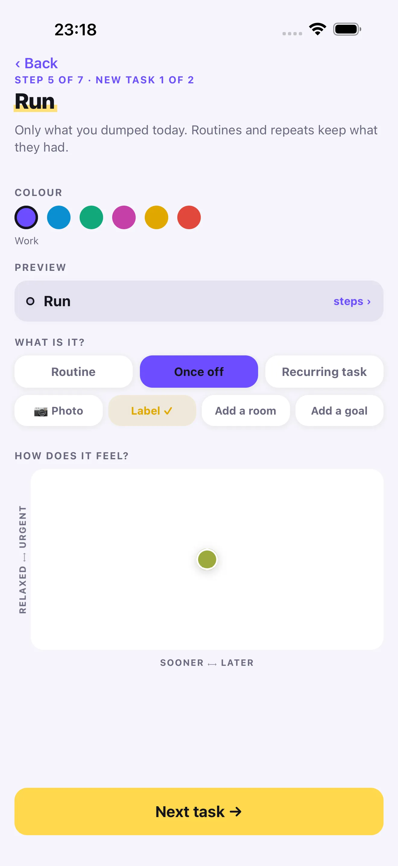 Plan-Kit step 5, “How does it feel?”: one new task, a row of colour dots, and a grid with a puck to place between relaxed, urgent, sooner and later.