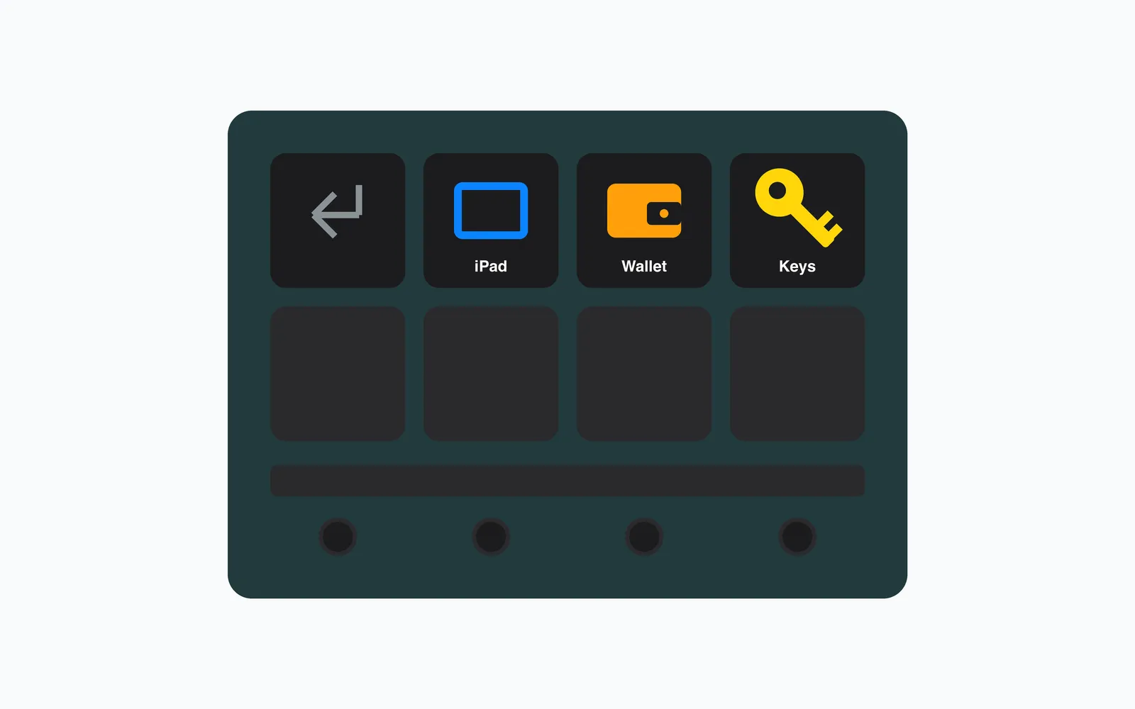 A rendering of the Stream Deck page as configured, drawn from the profile rather than photographed: a dark deck body with a back-arrow key, then three keys titled iPad, Wallet and Keys in blue, orange and yellow, a second row of empty keys, a touch strip and four dials.