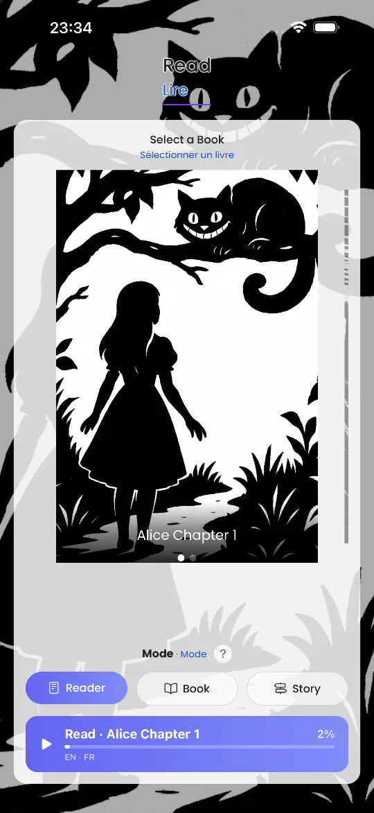 The Linglow book picker: a black and white illustration of Alice under a tree with the Cheshire Cat, titled “Alice Chapter 1”, three mode buttons labelled Reader, Book and Story, and a bar at the bottom reading “Read · Alice Chapter 1”, English to French, 2%.