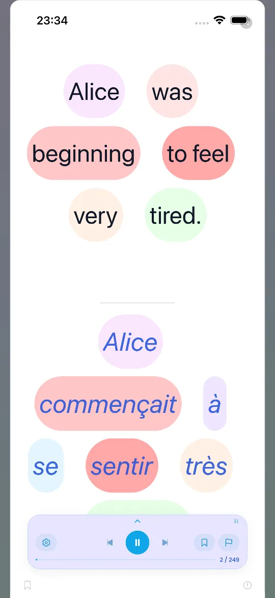 The Linglow reader: “Alice was beginning to feel very tired.” with each word in its own coloured pill, the French “Alice commençait à se sentir très” underneath in the same colours, and the audio player at the bottom, playing, at 1 / 249.