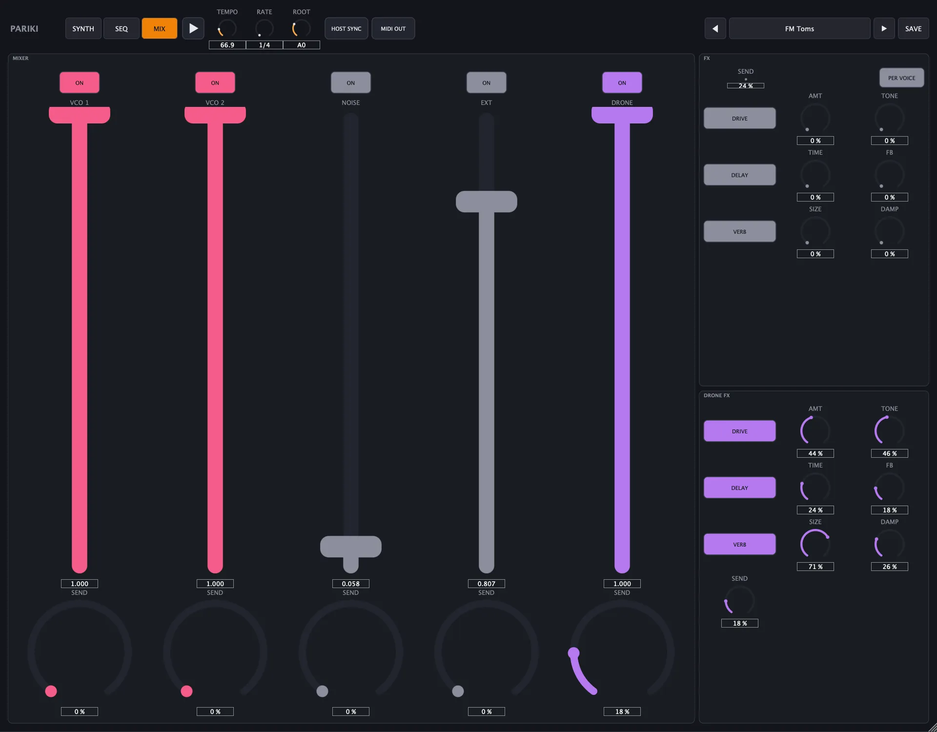 Pariki’s MIX page: five channel strips for VCO 1, VCO 2, noise, external input and drone, each with a fader, an ON pad and a send knob, beside two FX chain columns of drive, delay and reverb stages.
