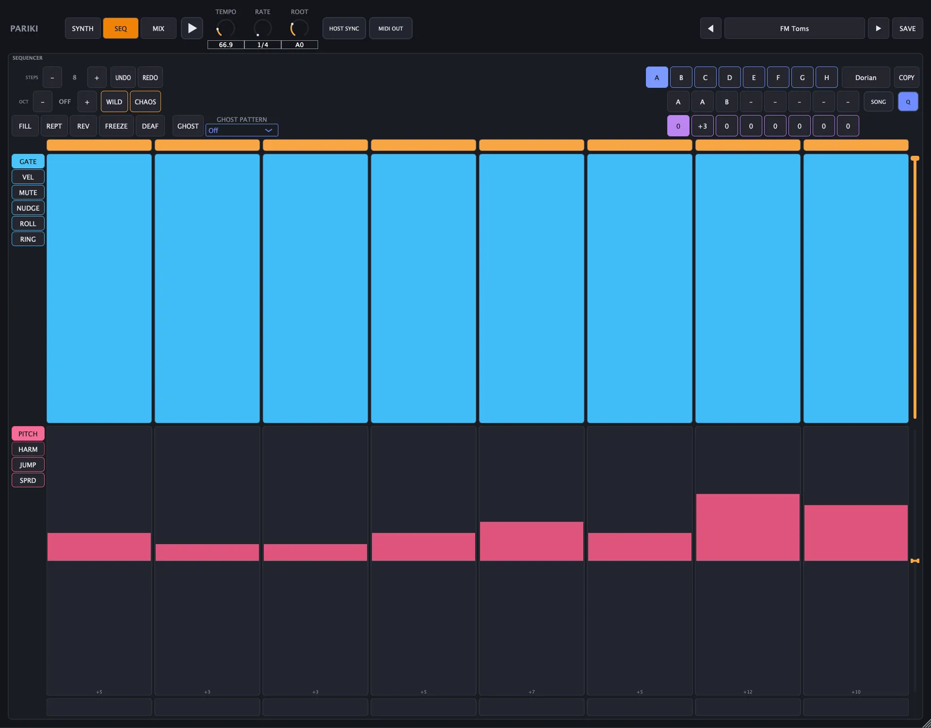 Pariki’s SEQ page with the FM Toms pattern loaded: eight tall step columns, a cyan gate lane above and a pink pitch lane below, articulation buttons down the left for gate, velocity, mute, nudge, roll and ring, and pattern slots A to H with a song chain across the top right.