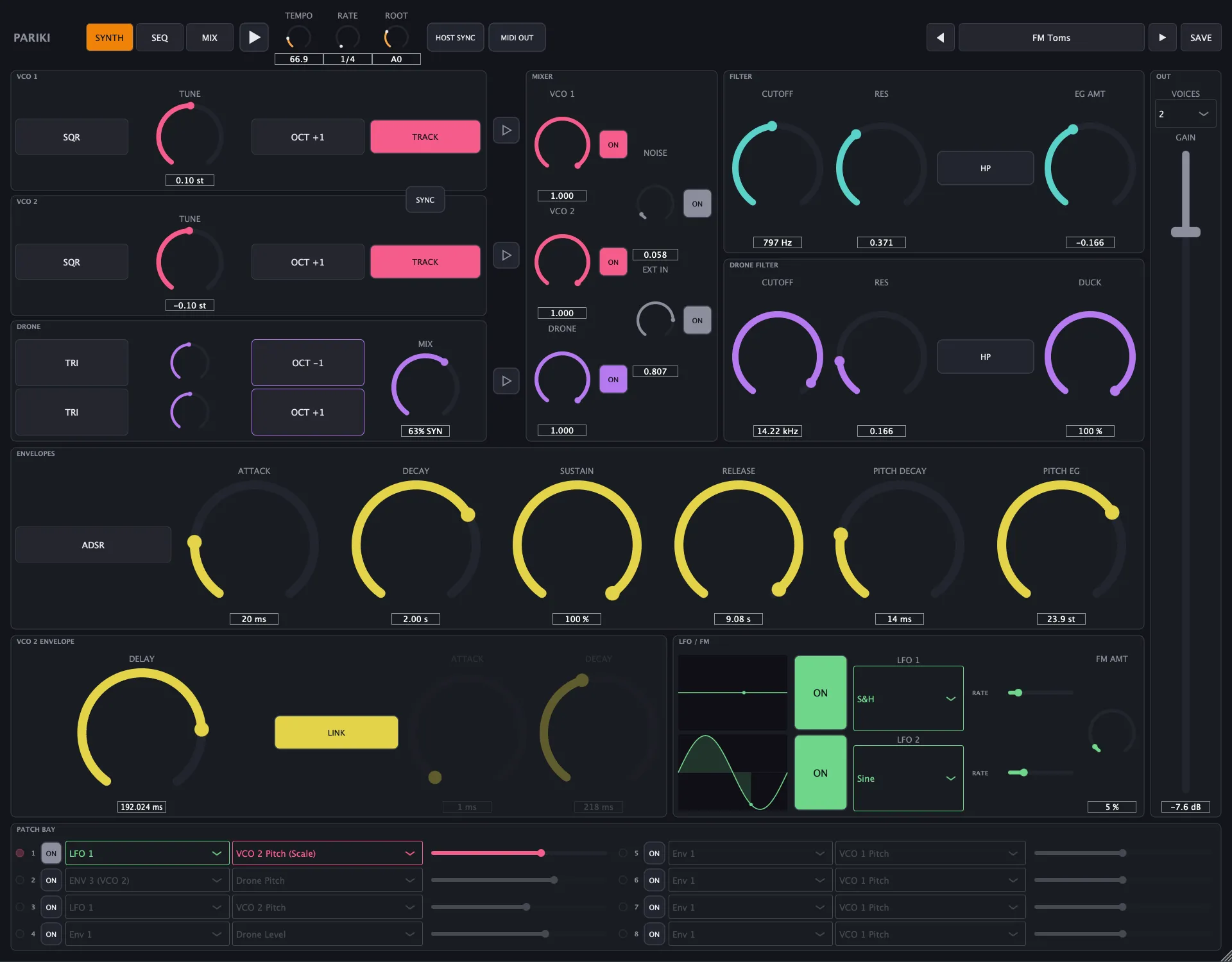 Pariki’s SYNTH page with the FM Toms preset loaded: two oscillator rows, a drone section, a mixer column, a ladder filter and a drone filter, six large envelope knobs, an LFO and FM panel, and the eight-slot patch bay along the bottom.